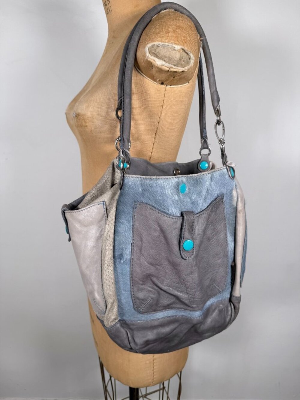 Y2K GABS Made in Italy Cow Leather Hairy Blue Hobo Bag